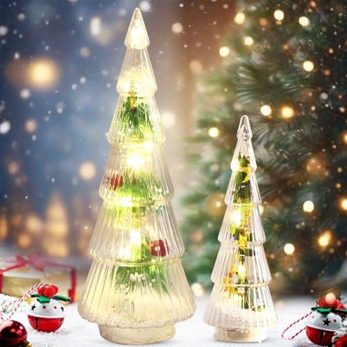 Mini julgran med LED, 2 stycken konstgjorda gran, glas julgran liten, bord julgran, julgran med belysning dekoration inomhus dekoration hem fest juldekoration (B)