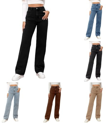 Générique Jean Femme Taille Haute Denim Pantalon Coupe Droite Straight Jeans Mode Baggy Jambes Jean Large Pantalon Femme Casual Loose Fit Pants