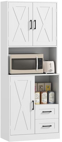HOMCOM Alacena de Cocina Rústico Armario de Cocina con 3 Puertas, 2 Cajones, Compartimentos Abiertos, Estantes Regulables, Orificio para Cables, 70x40x180 cm Blanco