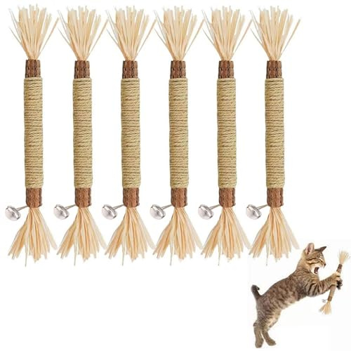 Butyeak Bastoncini di Erba Gatta,6 Pezzi Bastoncini da Masticare per Gatti,22cm Matatabi Sticks,Giochi da Masticare,Bastoncino con Campanello per Denti,Giocattoli di Erba Gatta per Cura Dentale