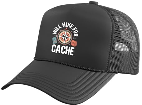 Will Hike for Cache Compass Geocaching Trucker Hat with Adjustable Mesh Back, Black