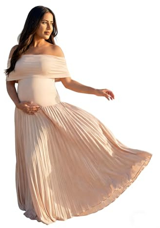 Cichic Off Shoulder Maternity Maxi Dress, Pleated Flowy Gown for Photoshoot, Baby Shower, Wedding Guest, Nude/Beige (UK, Alpha, L, Regular, Regular, Off-White)