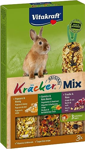 Vitakraft Kräcker Mix, Knabberstangen für Zwergkaninchen, mit Popcorn und Honig, mit Gemüse und Rote Beete, mit Traube und Nuss, ohne Zusatz von Zucker und Getreide (1x 160g)