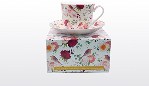 Bone China Breakfast Cup/Saucer Bird Bouquet Gift Boxed Postage Free UK