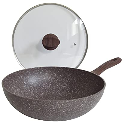 Pintinox Wok in Alluminio Serie Natura, Antiaderente Effetto Pietra, Manico Effetto Legno, Coperchio in vetro con pomolo soft-touch effetto legno, Adatta all'Induzione, Diametro 28 cm