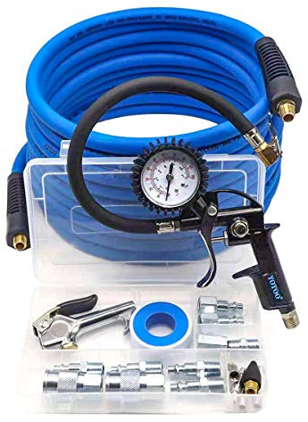 YOTOO Heavy Duty Air Compressor Accessory Kit 20-Piece, 1/4 NPT Air Tool Kit with 100 PSI Tire Inflator Gauge, 3/8 x25' Hybrid Air Hose, Blow Gun and Air Hose Fittings