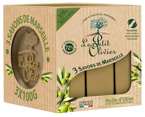 LE PETIT OLIVIER - 3 Savons De Marseille - Huile D'Olive - Parfum De La Région De Grasse - Nettoient La Peau En Douceur - Fabriqué en France - 3x100g
