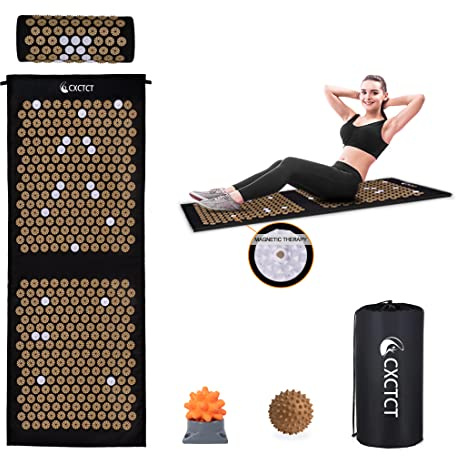 Extra Long Yoga Acupressure Mat Set,Massage Acupuncture Mat Large,Magnetic Mat Acupressure Body mat and Pillow for Neck Back Pain Relief(Gold)