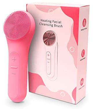 QUIRUMED Cepillo facial limpiador con función calor, Masajeador facial eléctrico de silicona, Impermeable, Ergonómico, carga con USB, 3,5W, color Rosa