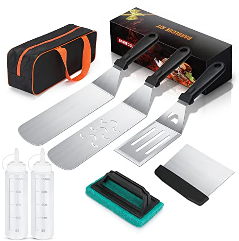 AULTONG Kit de Accesorios de Plancha de 8 Piezas, Herramientas de Acero Inoxidable Botellas a Prueba de Fugas, raspador, espátulas, Cepillo de Limpieza y Bolsa de Transporte para