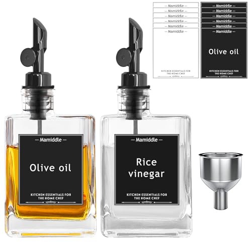 Mamiddle Essig und Ölflaschen Set mit Edelstahl Ausgießer Trichter und Aufkleber Ölspender Oil Dispenser Olivenöl Flasche für Küche und BBQ (280ml, Schwarz)