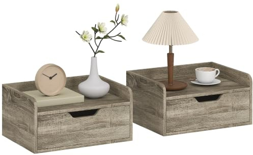 HOMCOM Set med 2 moderna grå väggsängbord | Hängande nattbord med låda, bricka med upphöjda kanter, modern stil, för sovrum, vardagsrum