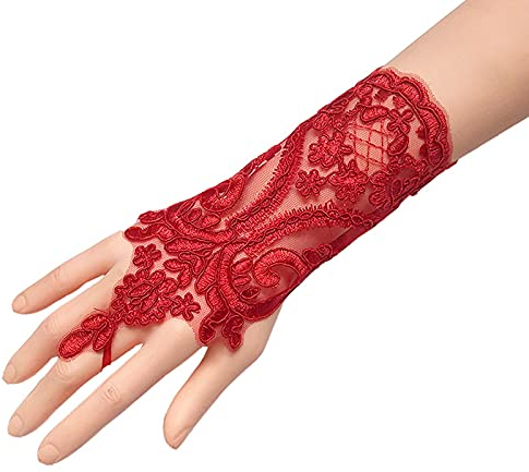 SYSUII Handschuhe Damen Kurze,Fingerlose Spitzen Handschuhe Kurze Braut Handschuhe bestickte 1920er Stil Spitzenhandschuhe Hochzeitshandschuhe für Kostüm, Banketts, für Opernpartys -Rot