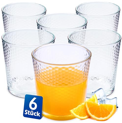 KONZEPT Set de verres transparents à boire 365ml, Set de verres à eau 6 pièces, Verres structurés Idéal pour l'eau, le jus, le lait, les verres à dessert, Parois épaisses, Empilable