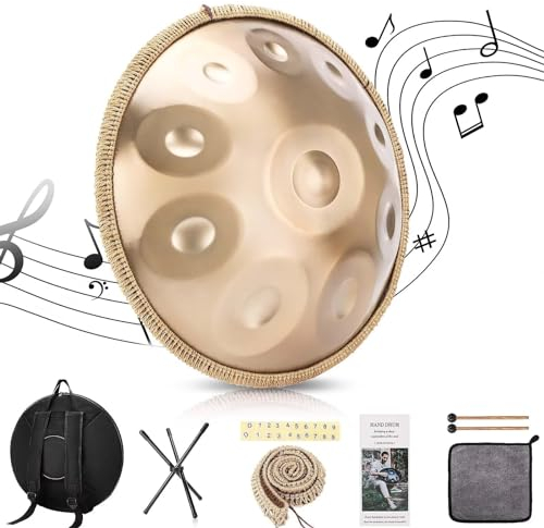 Handpan 440 Hz, 10 Töne 22 Zoll Steel Instrument 'Gold Performer' in D Minor - Mit Weicher Tasche, Schlägeln, Ständer Für Anfänger, Profis, Musiktherapie