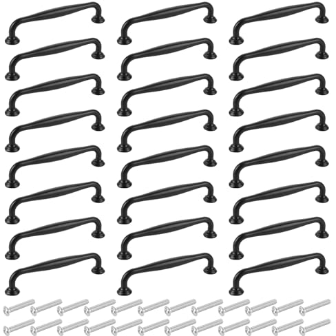 CYEER 24 Stück Schrankgriffe Schwarz 128mm, Griffe Küchengriffe, Aluminiumlegierung Möbel Griffe, Türgriffe Stangengriff, Kabinett Griffe mit Schraubendreher für Kleiderschrank, Gartentür, Schuppentür