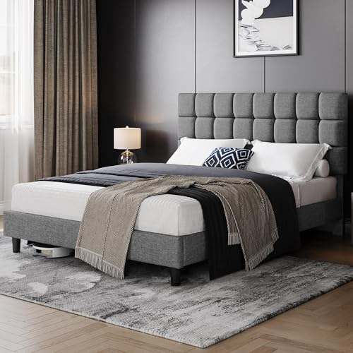 Yaheetech Polsterbett 160 x 200 cm Doppelbett mit Höhenverstellbarem Kopfteil, Stabiler Bettrahmen Stoffbett mit Lattenrost, Gepolstertes Bettgestell Bett, Hellgrau