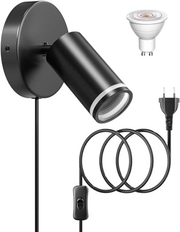Lamptobe Lampada da Parete con Spina e Interruttore, Faretto GU10 Rotante a 350° con Cavo da 1,6 m, per Soggiorno, Camera da Letto, Ristorante, Pub, Lampadina da 5W Inclusa, 1 Confezione, Nera