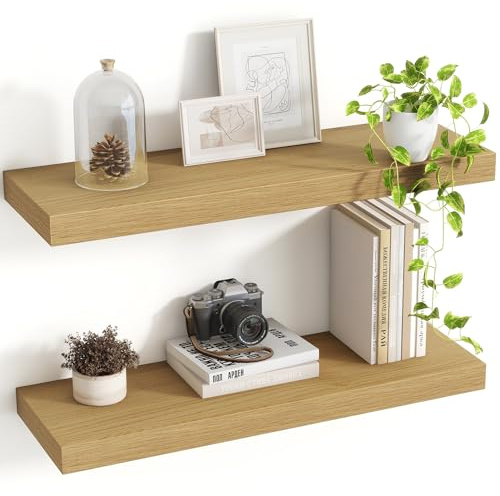 Acovy Floating Shelves for Wall, Extra Deep 60cm Long Wooden Wall Mounted Shelf, Wall Shelves for Living Room Bathroom Bedroom Kitchen, Oak, Set of 2