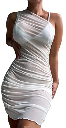 XINGLIDA Bikini de mujer translúcido vestido de playa de un solo hombro traje de baño transparente fruncido vestido bodycon para vacaciones
