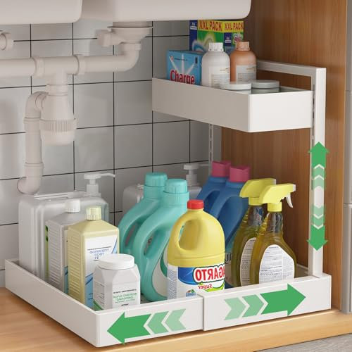 UMDONX Spülbecken Küche Organizer 2-stöckiger Unter Waschbecken Regal Ausziehbarer Spülschrank Organizer,Weiß