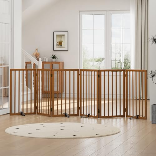 Tall Dog Gates for Doorways, Foldable Dog Gate Indoor, Freestanding Pet Gates for Doorways Bedroom, Puppy Gate with Metal Support Feet, Room Divider,6 Panels (walnut)