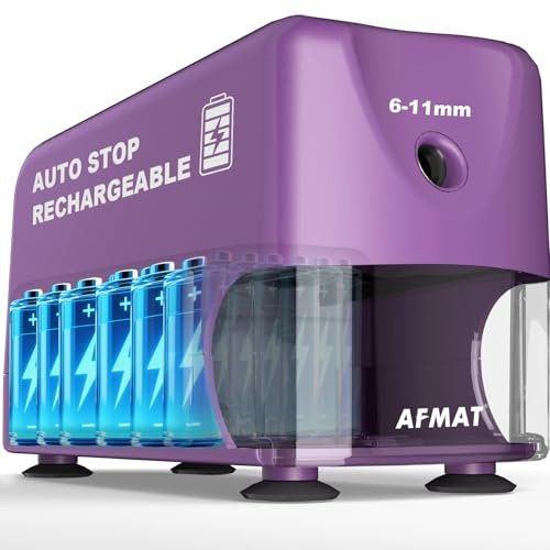 AFMAT Sacapuntas eléctrico de alto rendimiento, auto-stop, recargable, con recipiente para lápices de 6-11 mm, punta rápida en 2 segundos, 10.000 puntas, color púrpura