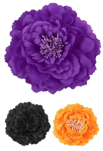 QUARKZMAN 3 Pcs Flores De Peonía Para El Cabello, 4.7 Pulgadas Flores Artificiales De Tela Para Mujeres, Horquillas Para El Cabello, Corsé, Manualidades, Ropa, Negro/Morado/Naranja