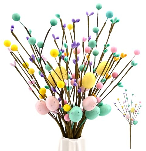 TSLBW 4 Pezzi di rami artificiali dell'albero dell'uovo di Pasqua Uovo di fiori Picks per vaso primavera albero corona ornamenti composizione floreale Pasqua decorazione