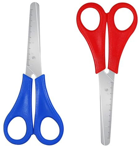 YIKTUNQ Kids Scissors with cm Scale, 2 Pcs 13 cm Blunt Tip Scissors for Home School DIY Craft Children's Art (Red, Blue)