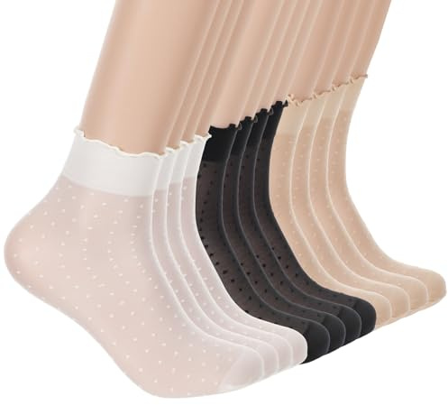 Bremorou 6 par volangstrumpor för kvinnor, transparenta nylon fina strumpor, sommar enkelsockor, nylon och spets, 40 den, luftgenomsläppliga, universalstorlek 35-42 för damer flickor (3 färger, var 2