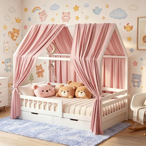 Penbinmall Juego de 2 camas de casa con dosel, dosel de muselina, suave y transpirable, dosel, decoración para habitación infantil, para niñas y niños, 135 x 350 cm, color rosa