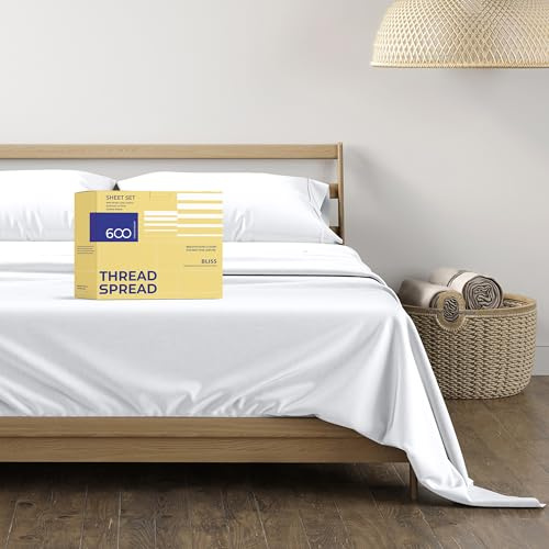 THREAD SPREAD 100% Egyptian Cotton Sheets Full Size - 600 Thread Count White Sheet, 4 PC 16 Deep Pocket Full Size Sheets Sets, High Thread Count Soft Cooling Sateen Weave Cotton Hotel Luxury Sheet