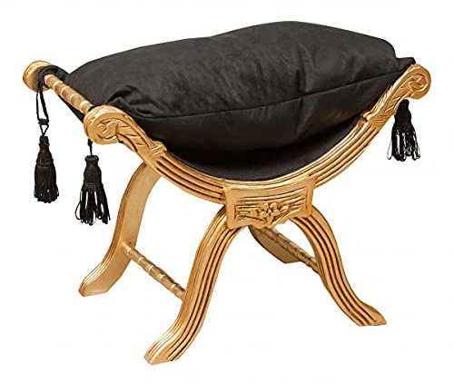 Biscottini Sillón de dormitorio negro 74 x 54 x 46 cm | Banco de entrada estilo Luis XVI dorado | Banco de base cama y reposapiés | Decoración barroco