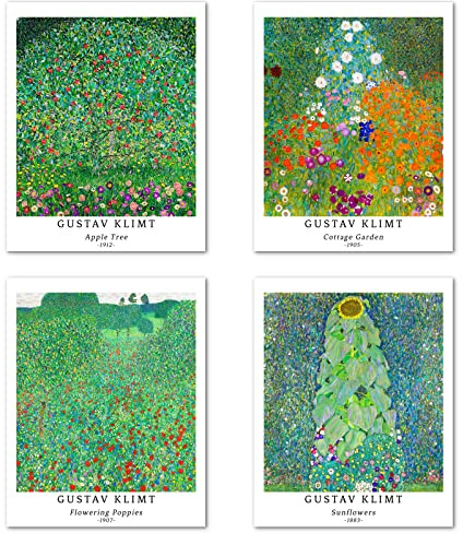 Berkin Arts Stampe da Parete Fiori Senza Cornice, Set di 4 Poster, Carta artistici di alta qualità Taglia: 20X25 cm, Vintage Murale Paesaggio per Ufficio Gustav Klimt Fotos