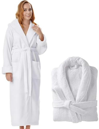 KAHAF COLLECTION Cotton Terry Robes for Women and Men, Lightweight Terry Shawl Collar Bathrobe, Full Length - UNISEX Men & Women Spa Robe (Cotton, White)