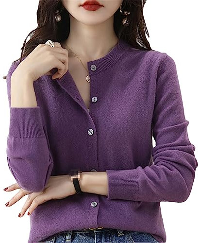 Bollrllr Women's Cashmere Cardigan Round Neck Sweater Spring Autumn Winter Long Sleeve Knitted Solid Color Soft Cardigan Sweater Lilac Purple XXL