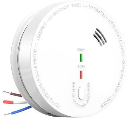 Andyssey GS517A Wired Smoke Alarm Mains powered, Interlinked Mains Smoke Detector 1 Year Replaceable Battery Back-up, Fire Alarm with Silence Button, EN 14604 Standard (1-PACK)