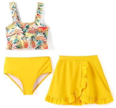 PATPAT Mädchen Bikini Badeanzüge Set, 3-teiliges Tankini-Set mit Top, Shorts Und Baderock Bademode, Kinder Badebekleidung mit Blumenmuster Schwimmanzug, Größe 5–12 Jahre