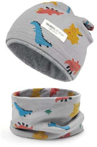 beifon Kinder Beanie Mütze & Loop Schal Set, 95% Baumwolle Mütze Schal Set Mädchen Jungen 2-8 Jahren, Schlauchschal Warme Wintermütze Strickmützen für Herbst Winter Frühling (Grau B)