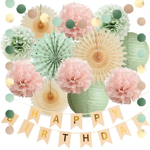 Décorations d'anniversaire bohème vert sauge et rose poudré, pompons en papier de soie crème beige avec bannière, beige et doré pour FETETIJD