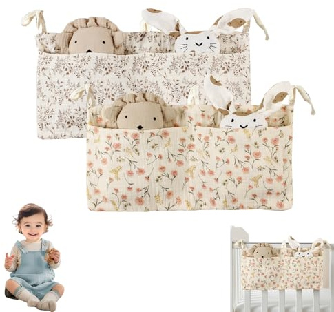 Sac Rangement pour Lit Bébé,Bébé Lit Suspendu Sac de Rangement,Suspendu Organisateur de Couches avec 2 Poches,Rangement Peluche pour Stocker des Vêtements,Couches,Jouets (Kaki + rose)