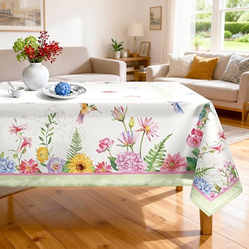 Arquiel Hummingbird Wildflowers Tablecloth Waterproof, Spring Summer Flower Table Cloth Rectangle Stain Resistant, Washable Table Cover for Party Picnic Wedding Outdoor Dining Decor (55×70 Inch)