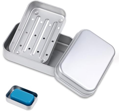 Tyqour 1 contenitore per sapone in alluminio con griglia di scolapiatti rimovibile, portasapone, impermeabile, da viaggio, portatile, da viaggio, con coperchio, portasapone antiruggine, portasapone da