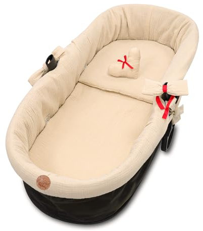 Stubenwagen Umrandung Musselin - Nestchen für Kinderwagen und Buggy Babybett Zubehör Babywanne und Kinderwagenzubehör Set 3-teilig Schonbezug mit Kissen und Einlage Hellbeige