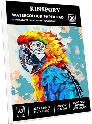 KINSPORY Bloc de Papel Acuarela A3, 30 Hojas, 300 g/m² - 42 x 29,7 cm, Prensado en Frío - Papel sin Ácido para Pintura, Dibujo y Bocetos