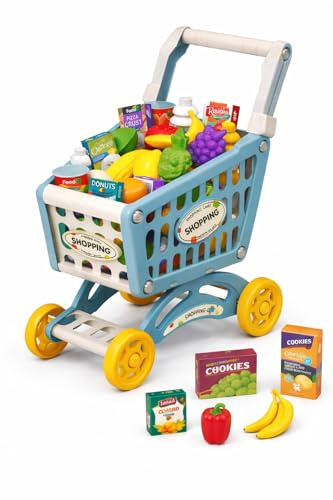 Carro de Compras de Juguete - 28 Accesorios – Incluye Comida – Juguete Educativo para Niños y Niñas +3 Azul