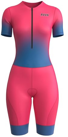 RUUN Women’s Cycling Trisuit Half Sleeve with Pockets Mesh Triathlon Padded Suit with Hi Viz Reflection Skinsuit Power Band and Leg Grippers (Large, Pink, One Size)