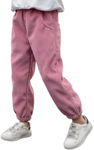 Miyanuby - Pantaloni in corduroy da bambino e bambina, modello harem, con vita elasticizzata, joggers invernali in caldo pile foderato, età 3-10 anni, con tasche, rosa, 6-7 anni