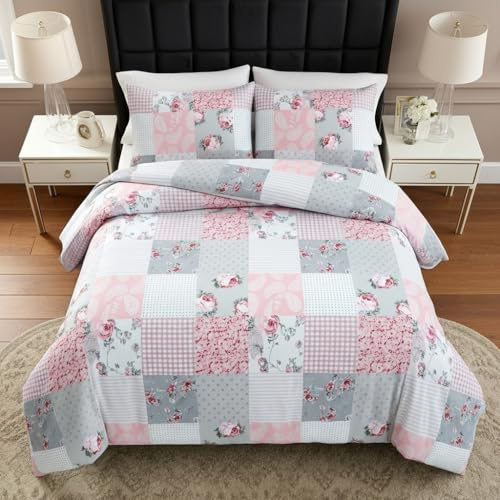 B&B Printed Duvet Cover Set, 100% Rich Cotton Comforter Cover Bedding Sets - Soft, Thick Anti-Allergy 2PCS Quilt Covers with 1 Pillow Shams (Single, Floral Grey)
